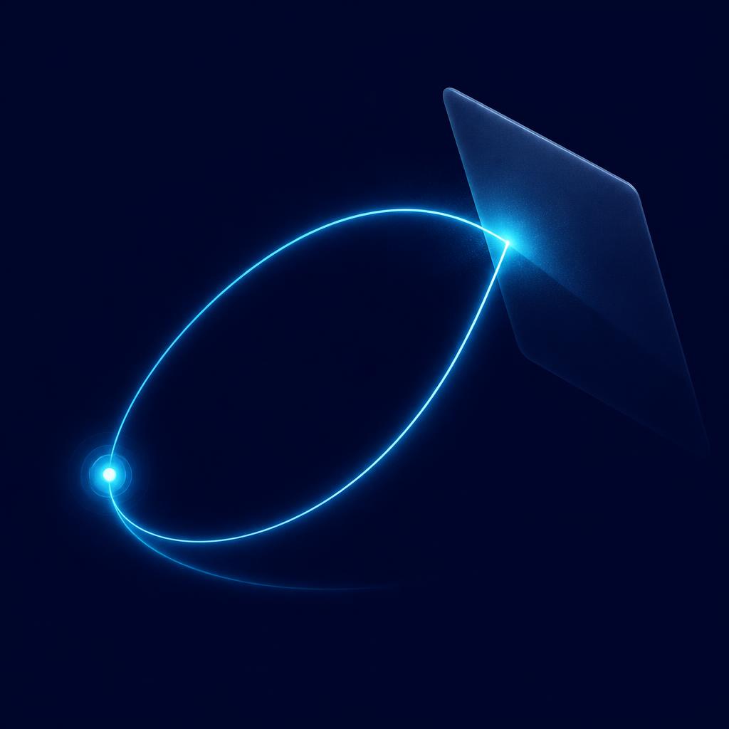 A pulse of light leaving a point, striking a surface and returning to its origin in a closed loop, on a midnight navy background