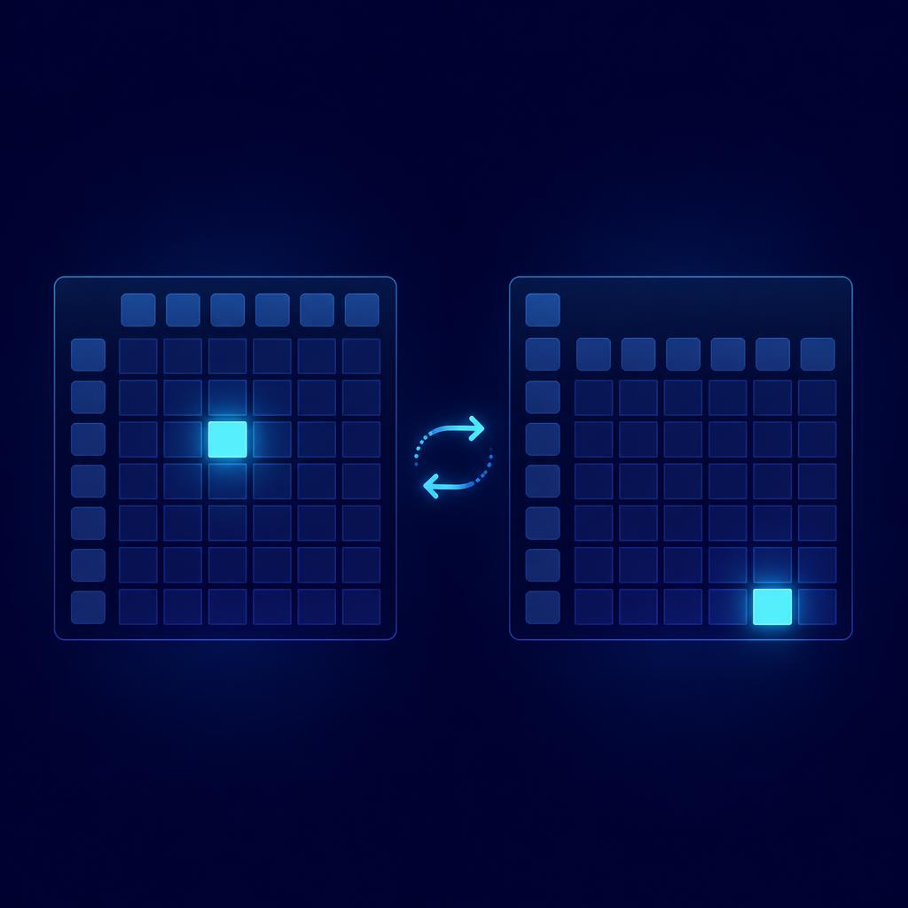 Dos rejillas de calendario abstractas en azul noche y cian, idénticas salvo por el orden de sus ejes, que producen dos casillas iluminadas distintas