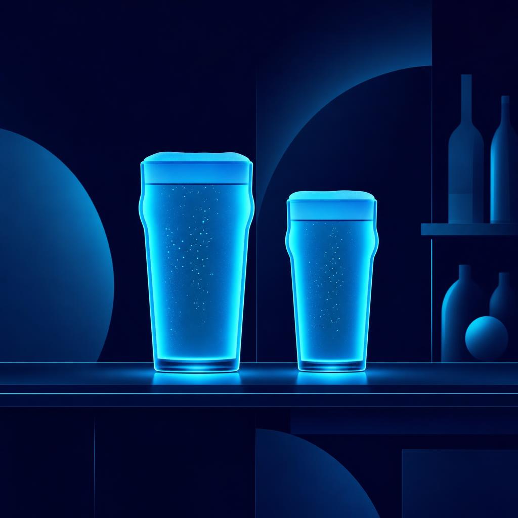 Two full pint glasses of beer side by side; the British one is visibly taller and wider than the American one