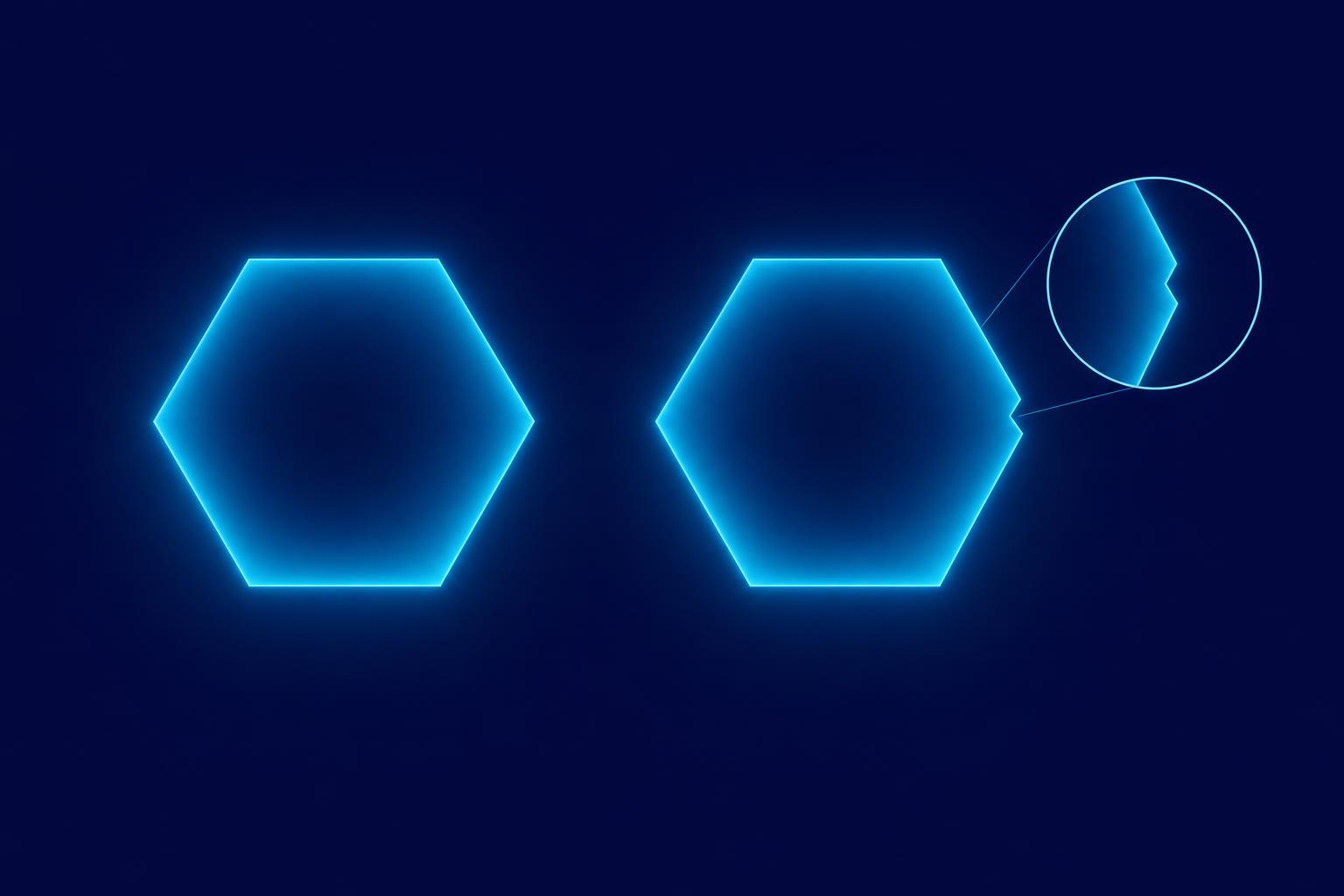 Two nearly identical hexagons that differ by a single notch, with a magnifier callout enlarging that notch: telling the difference