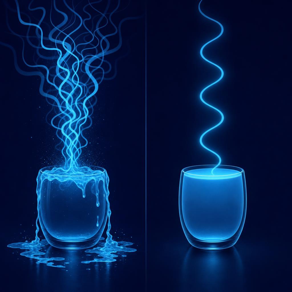 Two glass vessels: the one on the left overflows with a torrent of tangled waves, while the one on the right fills calmly with a single clean wave