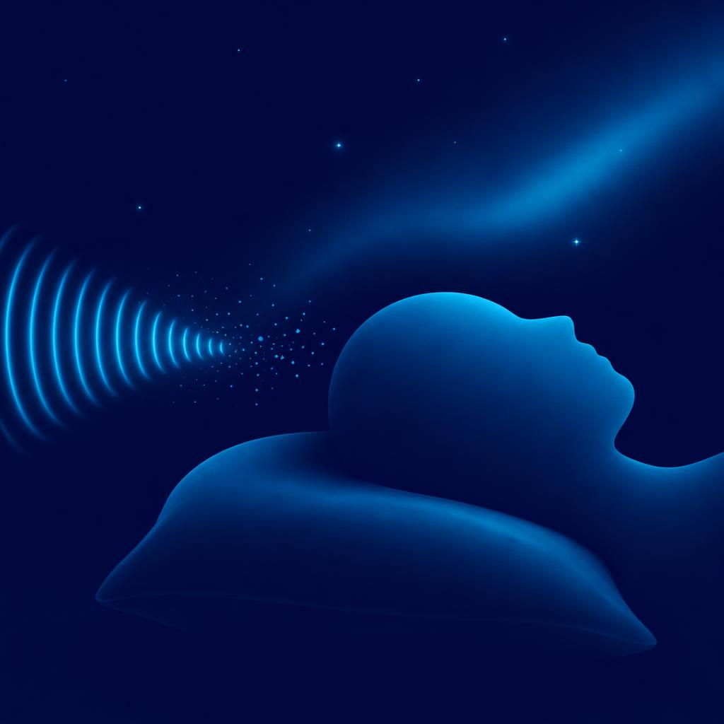 A featureless sleeping head on a pillow under faint stars, with sound waves coming from the left and dissolving into particles before they reach it