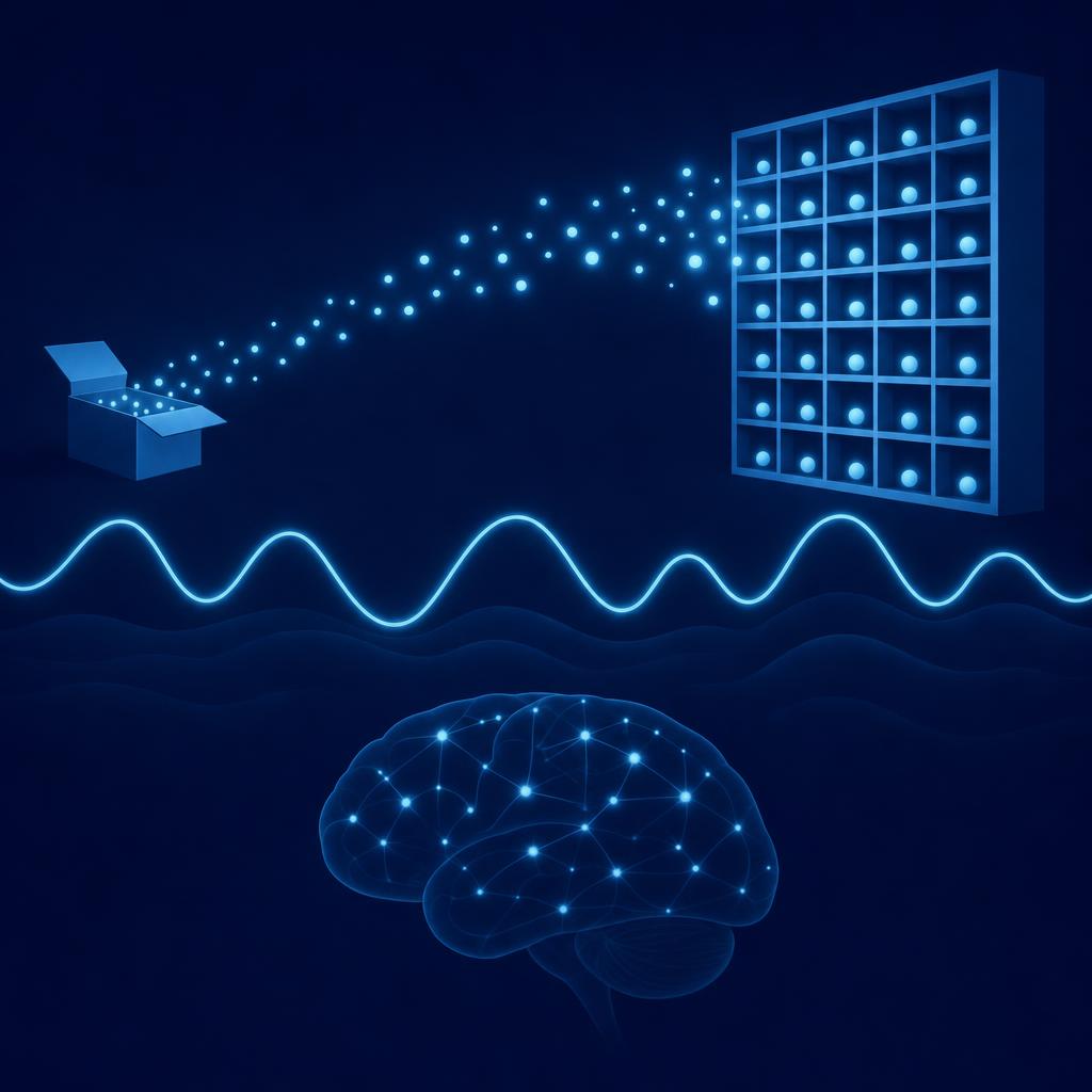 A glowing slow wave crosses the image while small dots of light flow from an open box on the left into a large grid of shelves on the right, with a faint brain outline below