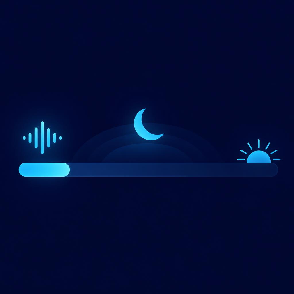 A horizontal timeline: a short bright segment with a sound-wave icon, a long dark segment under a crescent moon, and a rising sun at the end