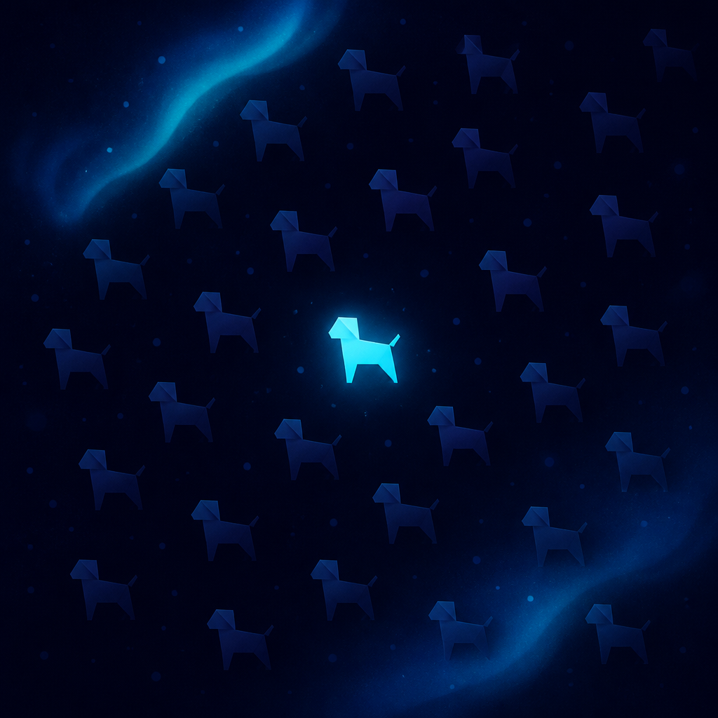 Abstract illustration: many identical scattered silhouettes representing the generic and a single cyan-highlighted one representing the specific