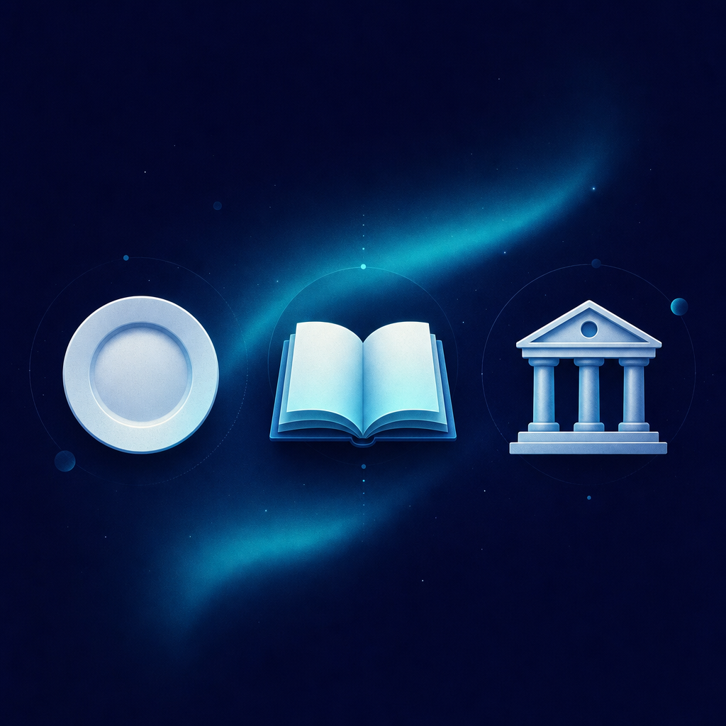 Abstract illustration with three minimal geometric shapes — a plate, an open book, and a building — on a navy background with cyan accents