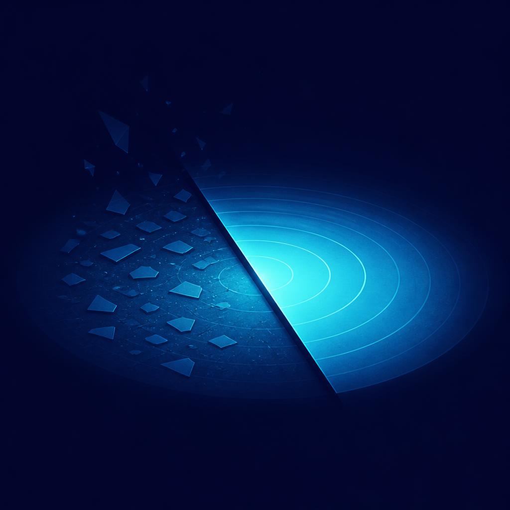 A pool of light split by a hard diagonal cut, the left half fragmented and dim, the right half orderly and bright