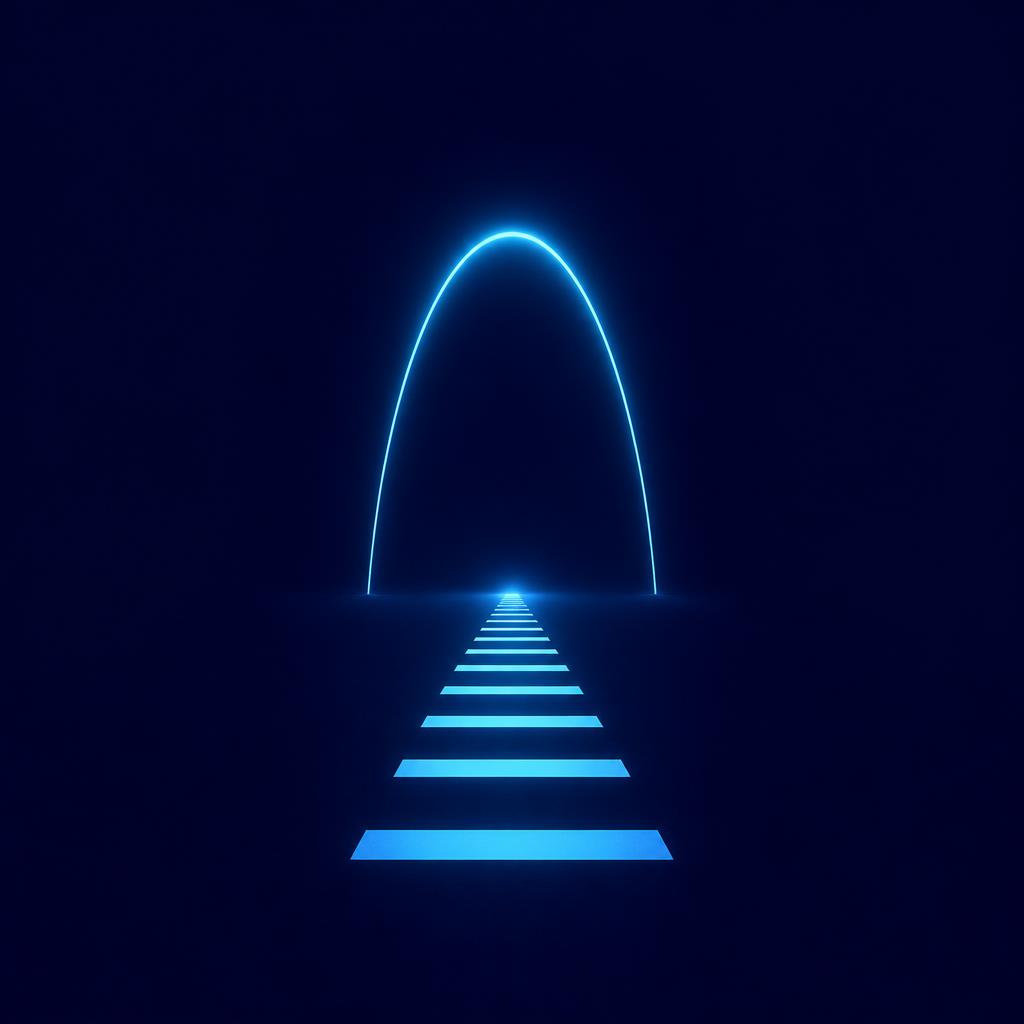 A short runway of evenly spaced cyan geometric markers leading to a rising arc of light