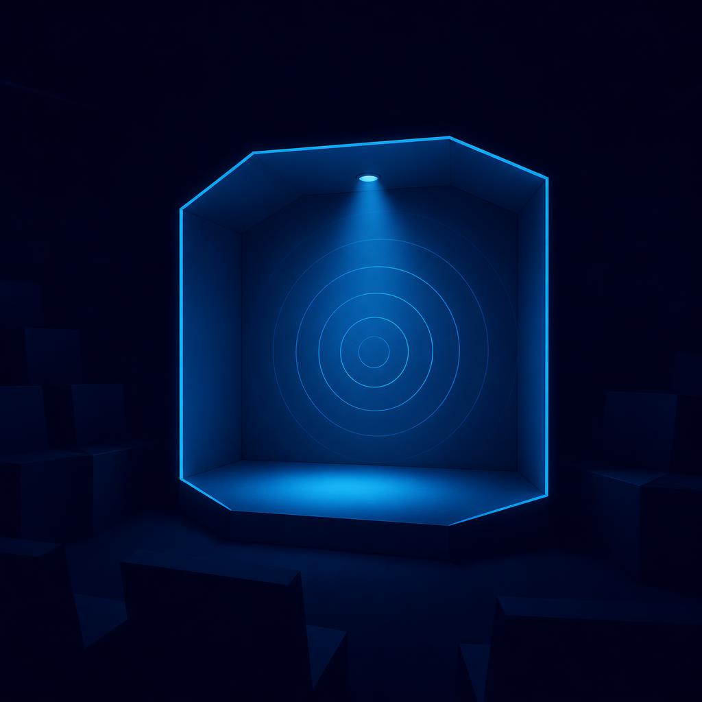 A softly lit cyan-rimmed geometric alcove with concentric sound rings inside it, surrounded by dark empty seats