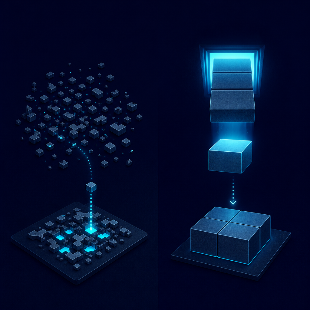Illustration contrasting prefabricated blocks retrieved as a single piece versus loose words being assembled one at a time