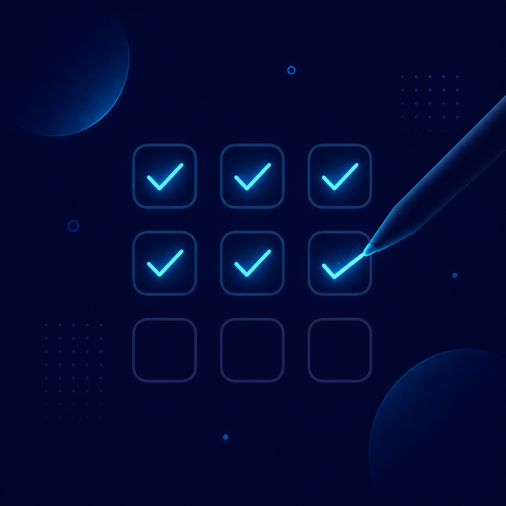 A can-do style grid of checkboxes with several checked and a hand marking the next one