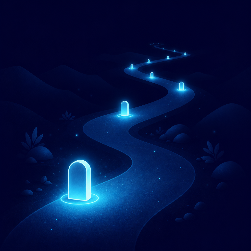 A path with small glowing milestones lighting up one after another, a metaphor for accumulated small wins