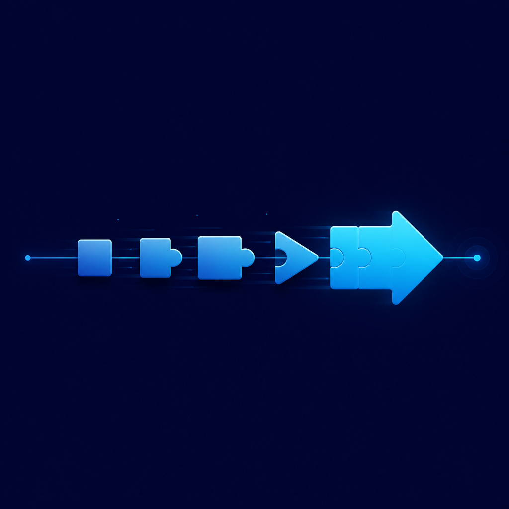 Geometric blocks sliding together along a line into a single arrow-shaped piece: the chunks that build a complete phrase