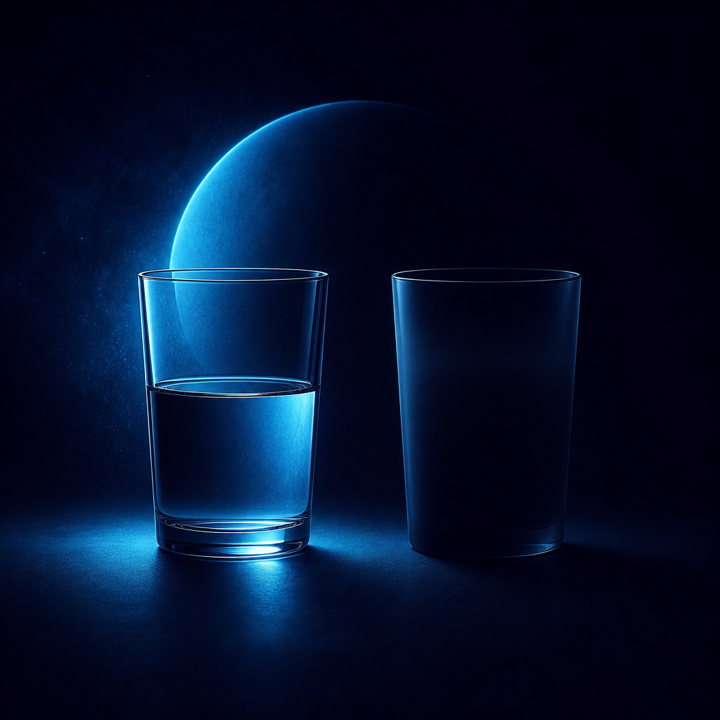 Dos vasos idénticos sobre fondo azul marino: uno iluminado y medio lleno, el otro en penumbra con el contenido desconocido