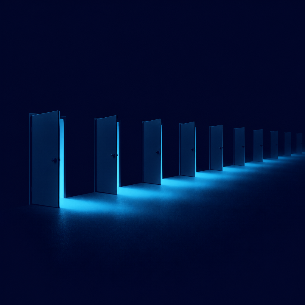 Fila de puertas idénticas sobre fondo azul oscuro con un haz de luz cian que indica que cualquiera puede abrirse