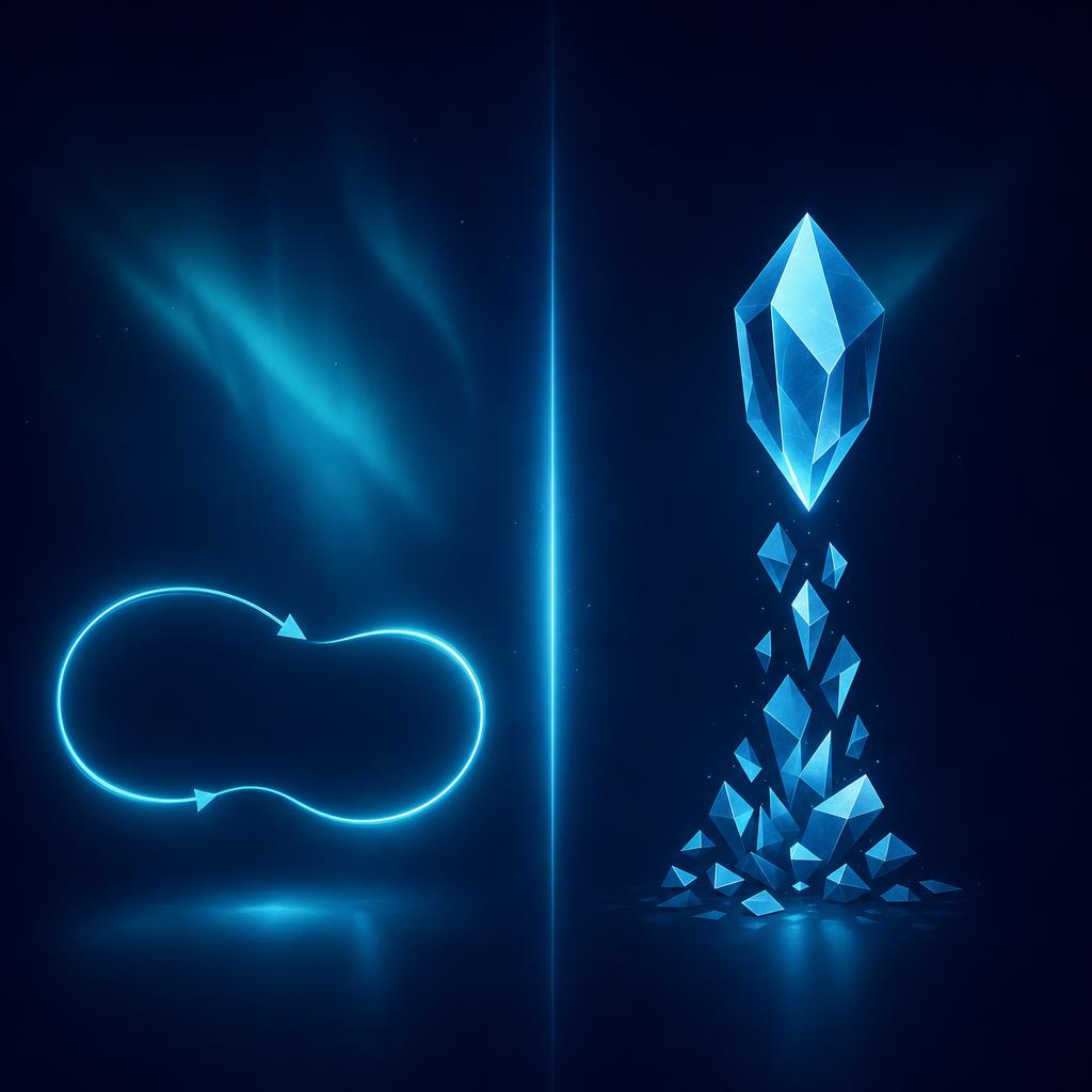 Abstract illustration: on the left a continuous cyan loop tracing a repeating circuit; on the right, angular fragments assembling into one finished crystalline solid