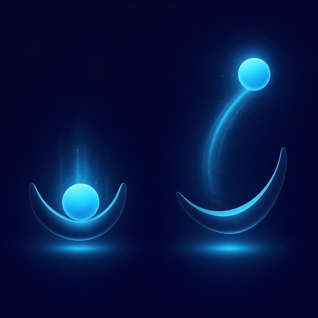Abstract illustration: two facing arcs, the left one cradling a cyan sphere settling into it, the right one lifting an identical sphere away in a rising arc