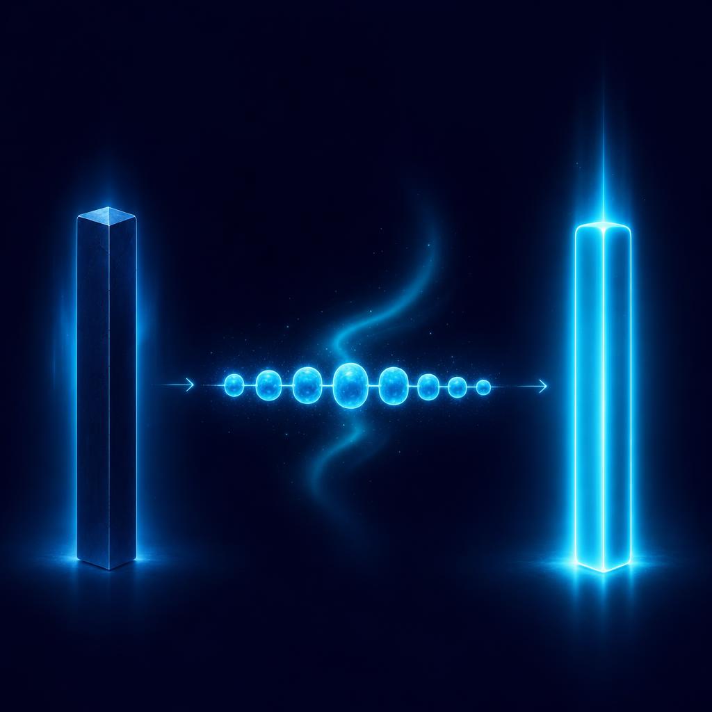 Abstract illustration: a dim navy monolith on the left, a row of cyan beads of varying size threaded on a line across the center, and the same monolith rebuilt and glowing on the right