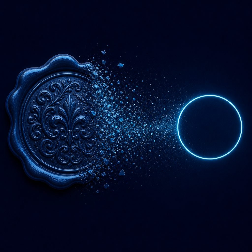 Un sello de lacre ornamentado disolviéndose en una forma geométrica limpia sobre fondo azul noche, con acento cian, que representa el paso de las fórmulas de carta antigua al inglés actual