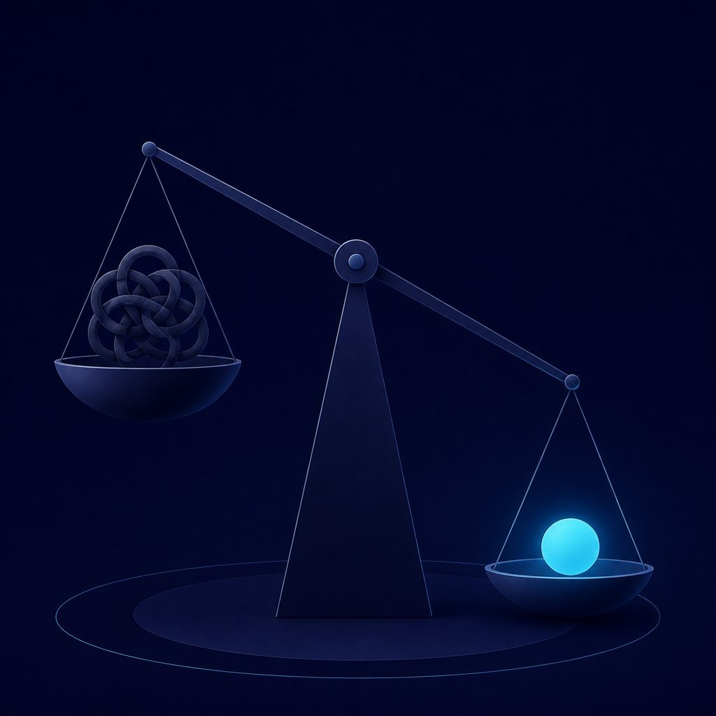 Dos formas geométricas de cierre sobre fondo azul noche, una recargada y apagada y otra simple e iluminada en cian, que representan el peso distinto de dos despedidas