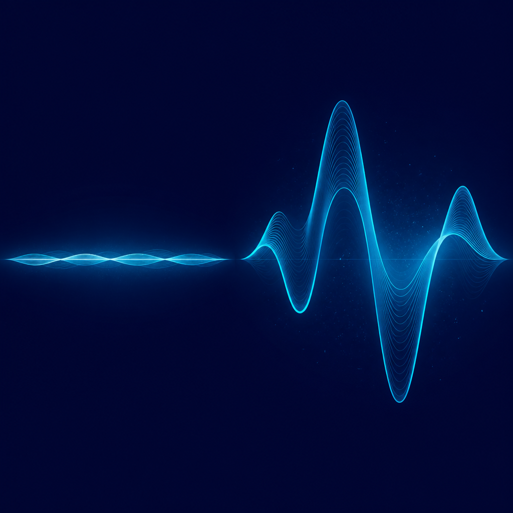 Abstract comparison of pitch range: a narrow, flat band next to a wide wave with peaks and valleys