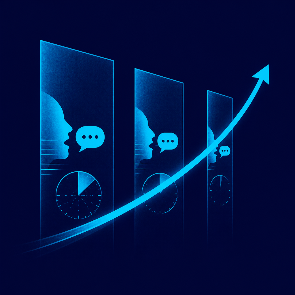Illustration of three successive deliveries of the same talk getting faster, with shrinking time blocks and a rising speed curve