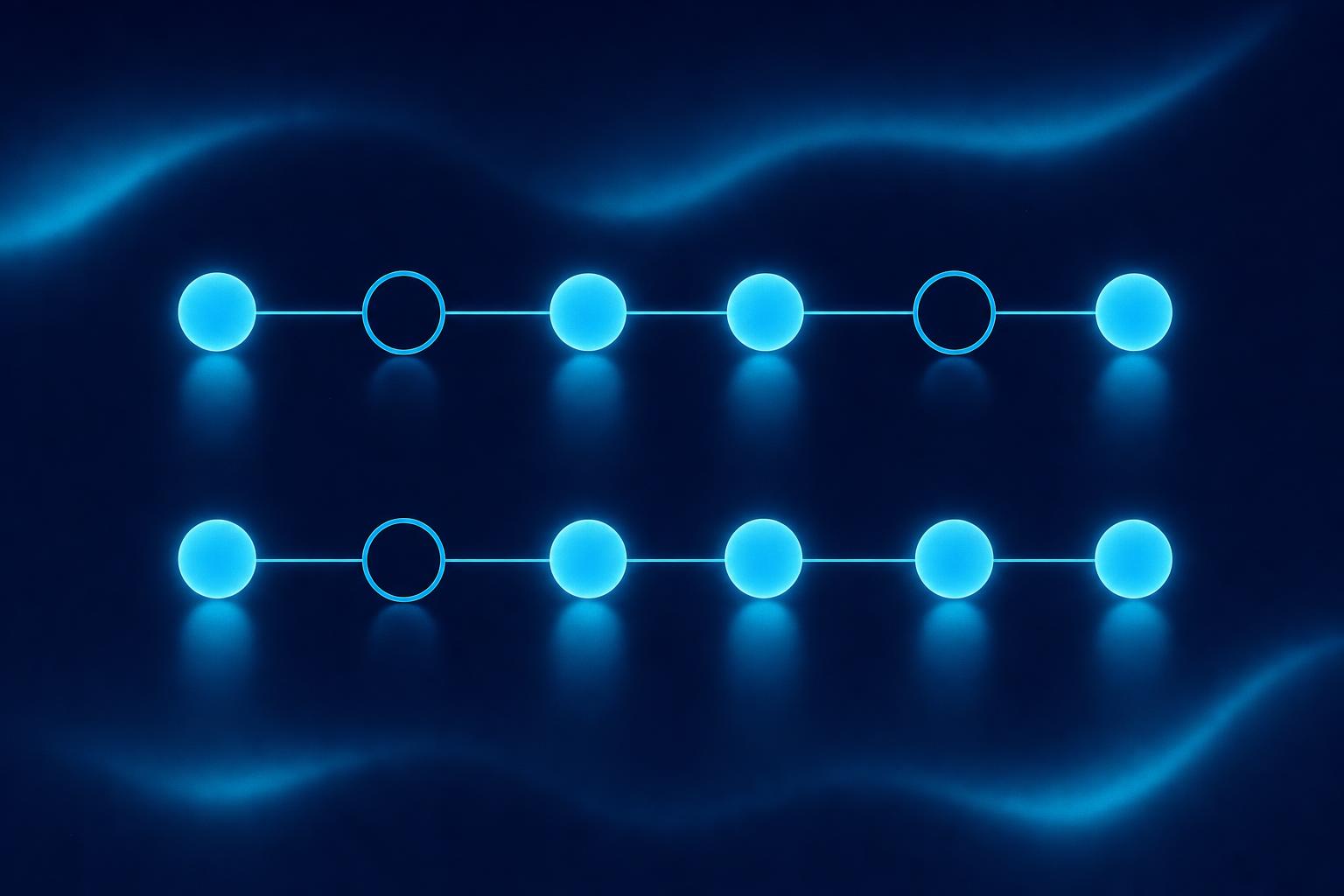 Dos hileras paralelas de seis cuentas luminosas: en la de arriba hay dos anillos huecos y oscuros, en la de abajo solo una; el español marca la negación dos veces, como en No vi a nadie, y el inglés una