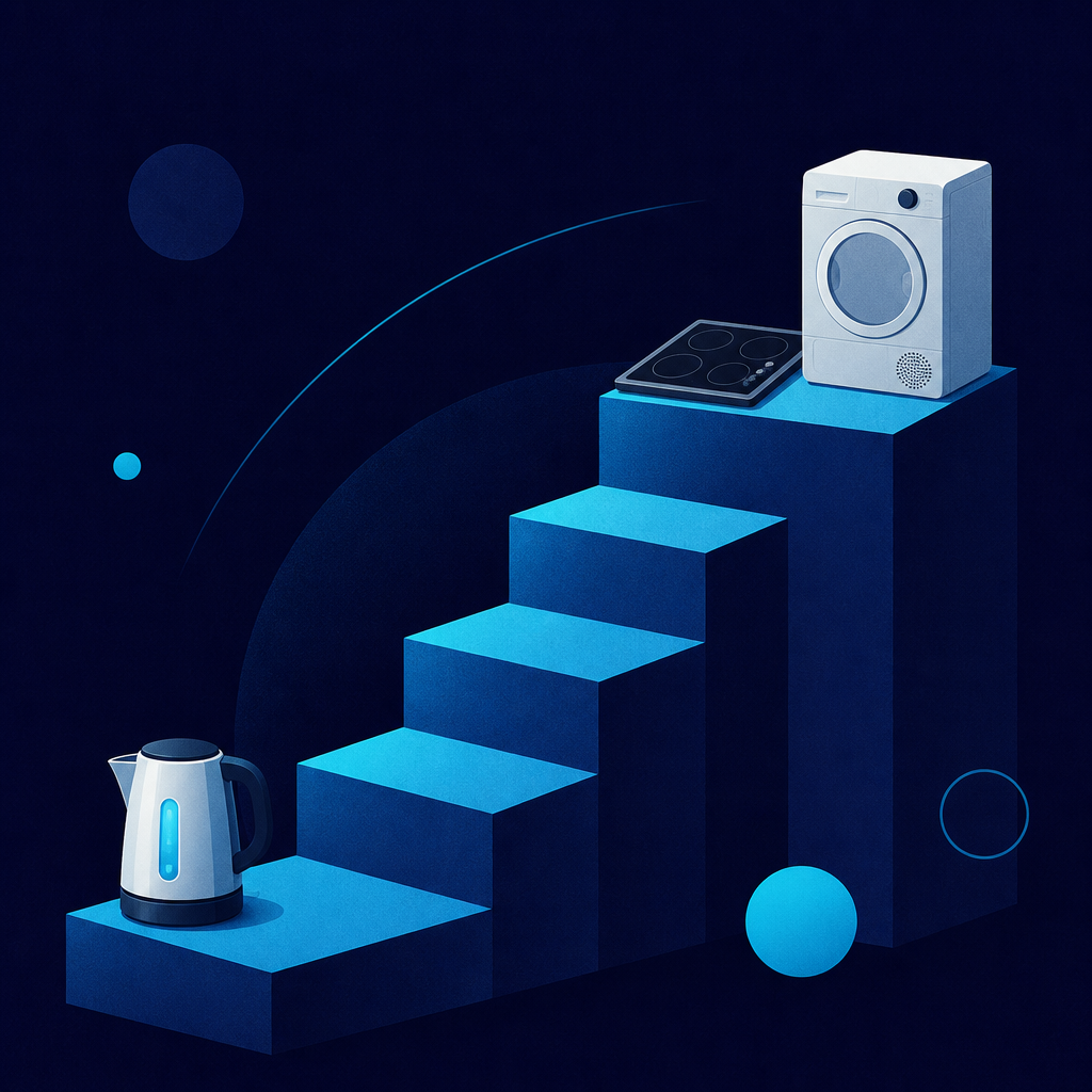 A geometric staircase of levels where an electric kettle sits on a low step and a kitchen hob and a tumble dryer crown the top step