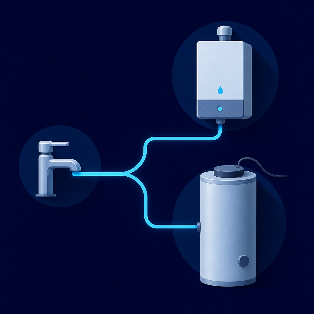 Two geometric paths leaving a tap: one running straight to a compact wall boiler, the other to a cylindrical tank topped by a round cap with a cable