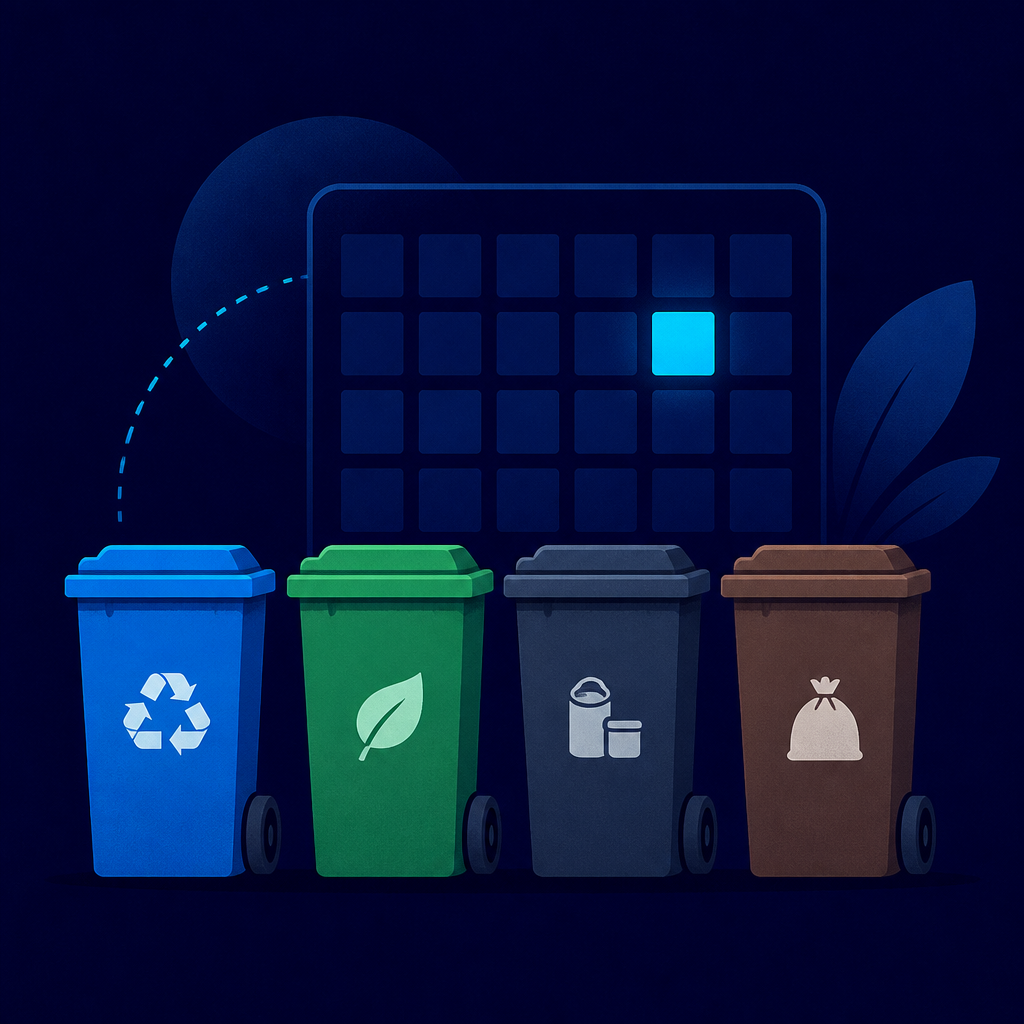 Four geometric wheelie bins in four distinct tones lined up beside an abstract calendar with one day highlighted
