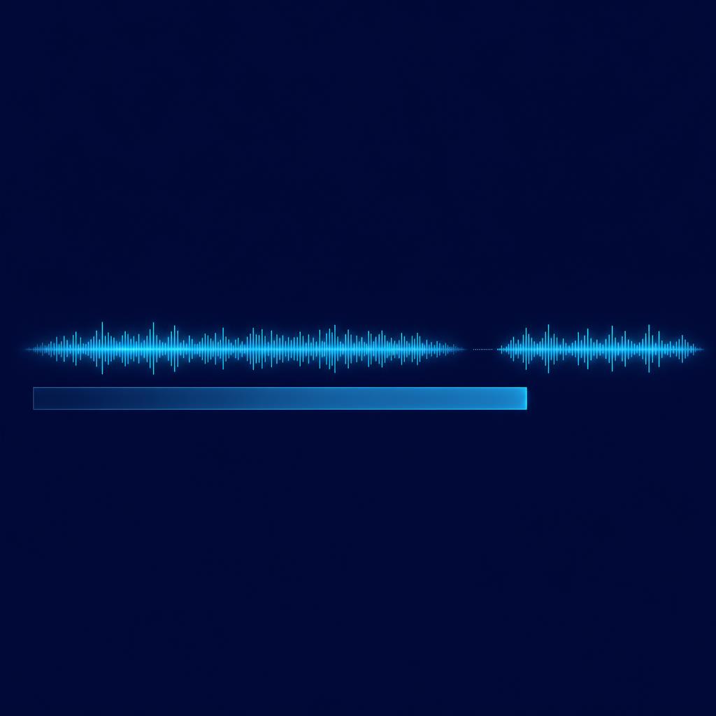 Línea de tiempo horizontal: arriba, una onda de voz larga, un hueco diminuto y una segunda onda; debajo, una barra translúcida que empieza mucho antes de que acabe la primera onda y termina justo donde empieza la segunda