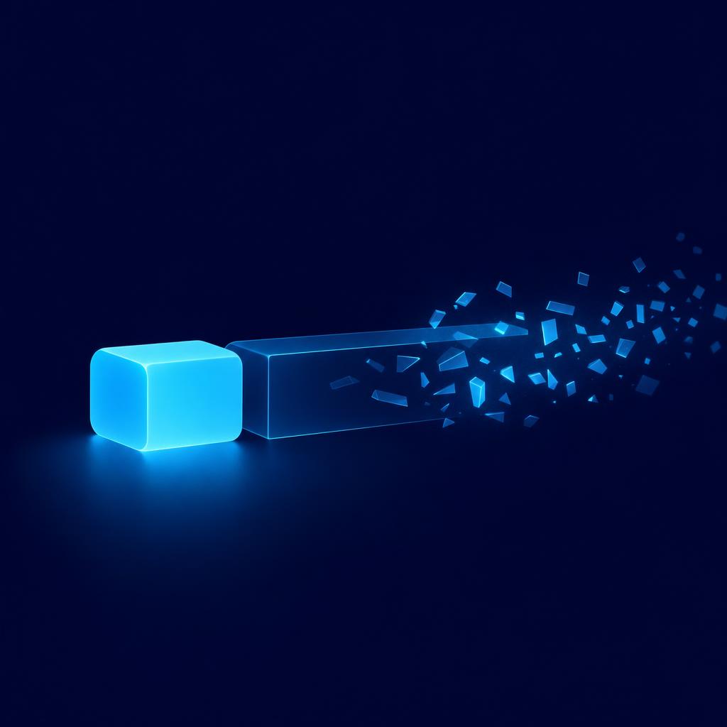 Un bloque brillante ya terminado, enganchado delante de un bloque translúcido más largo que todavía se está ensamblando a partir de fragmentos dispersos