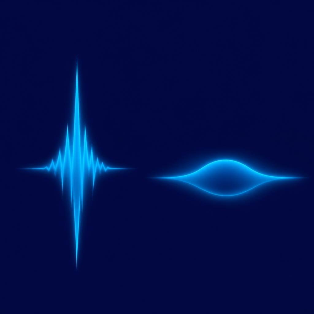 Dos formas de onda abstractas en cian sobre fondo azul marino: a la izquierda un pulso estrecho y anguloso, a la derecha uno ancho, suave y redondeado