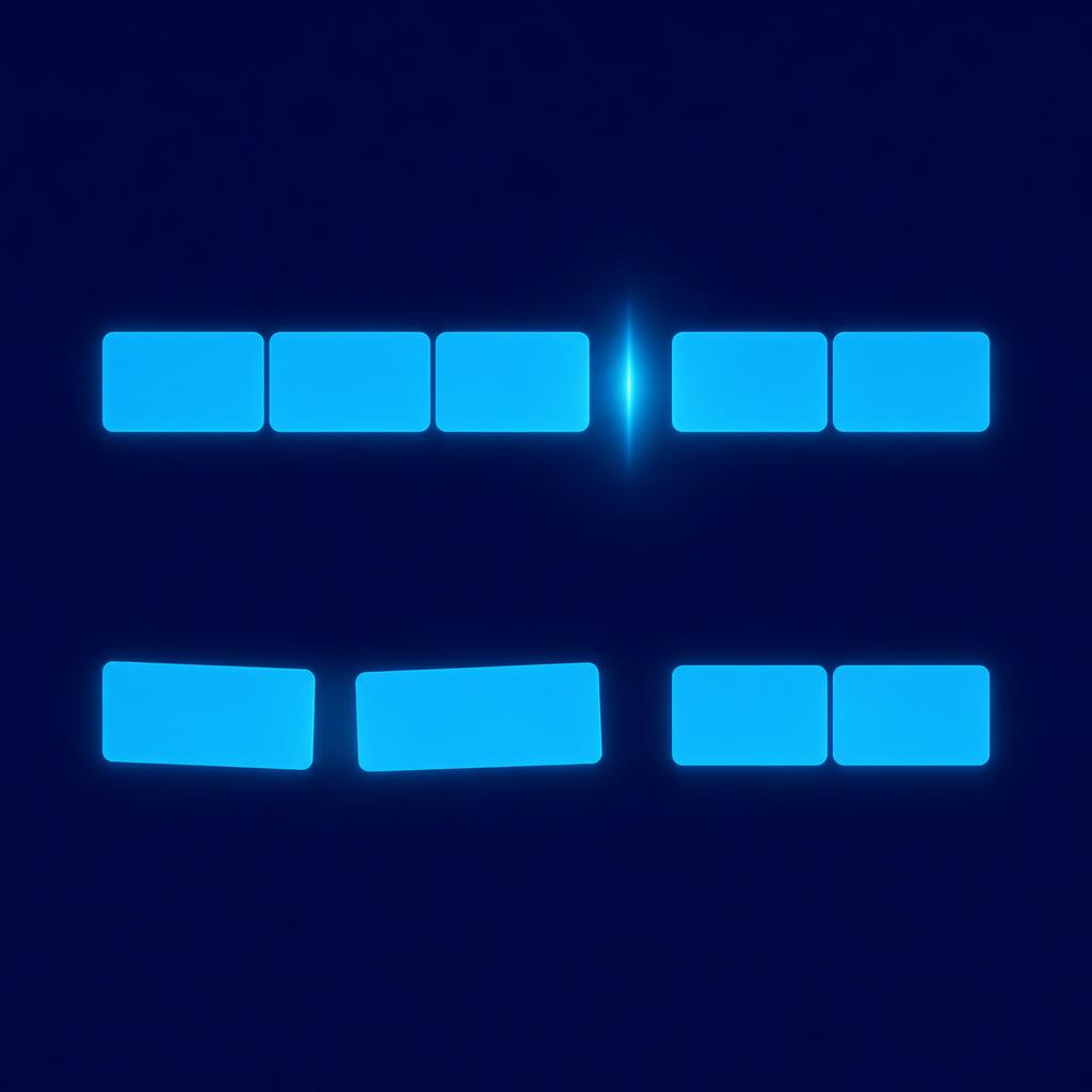 Dos filas de bloques rectangulares: arriba, dos grupos compactos separados por un hueco luminoso; abajo, el primer grupo partido por la mitad en dos bloques torcidos y separados