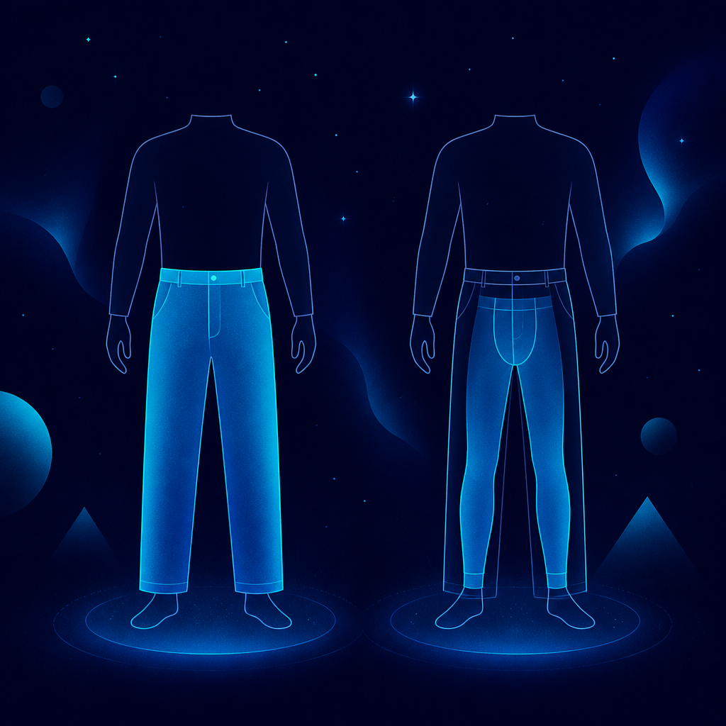 Ilustración de dos siluetas de pantalón idénticas, una marcada como prenda exterior y otra como prenda interior