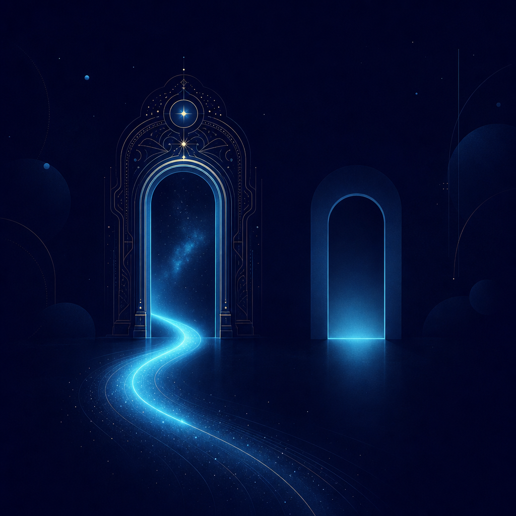Two abstract doorways, one ornate and formal and one plain and direct, with a path pulling toward the ornate one, illustrating the pull toward the formal Latin verb