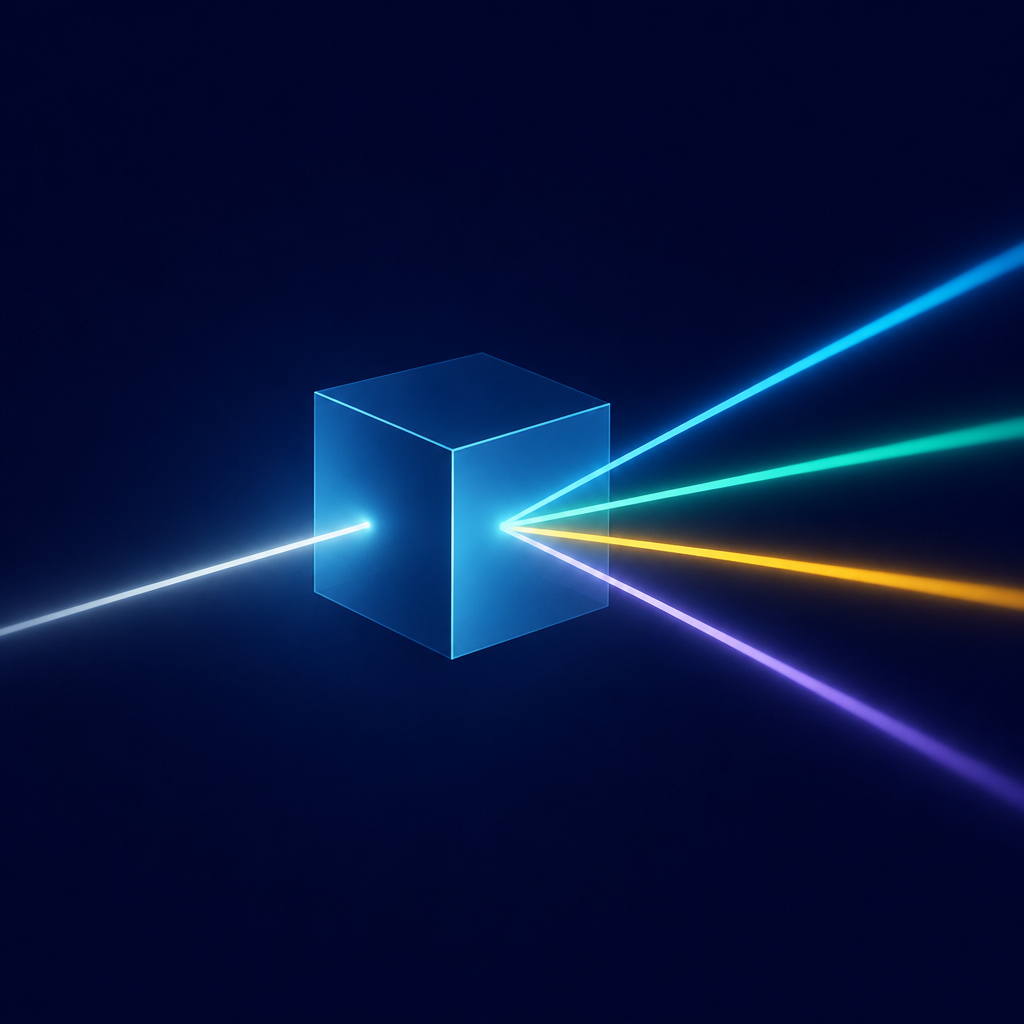 Diagrama abstracto de un solo bloque que se divide en cuatro caminos de luz distintos, como un prisma separando un haz en colores
