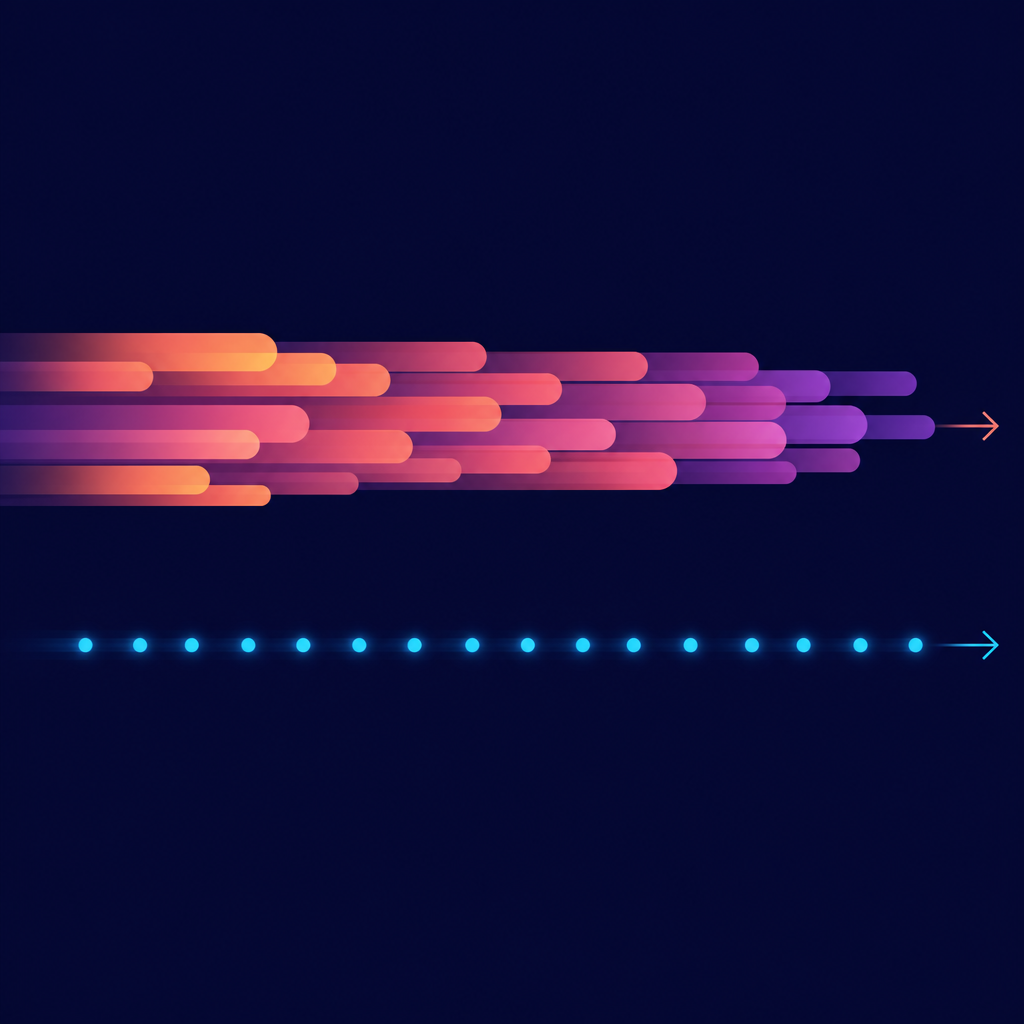 Two parallel streams: the upper one carries long, chained blocks; the lower one, tiny regular pulses