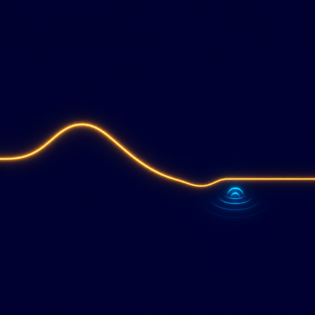 A waveform that descends gently into a low valley and, an instant later, a small cyan pulse answers from below