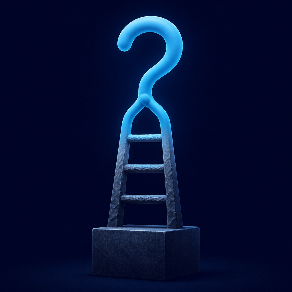 Abstract three-rung ladder representing the levels of a request, from the direct command at the bottom to the indirect question at the top, in midnight navy and cyan