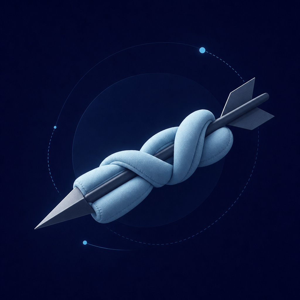 A straight, sharp arrow wrapped in a soft cushion, representing an English request padded with politeness formulas, in midnight navy and cyan