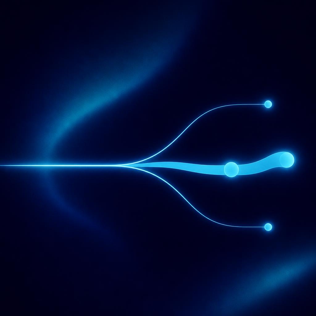A glowing line forking into three paths, two thin and one thicker with an extra node