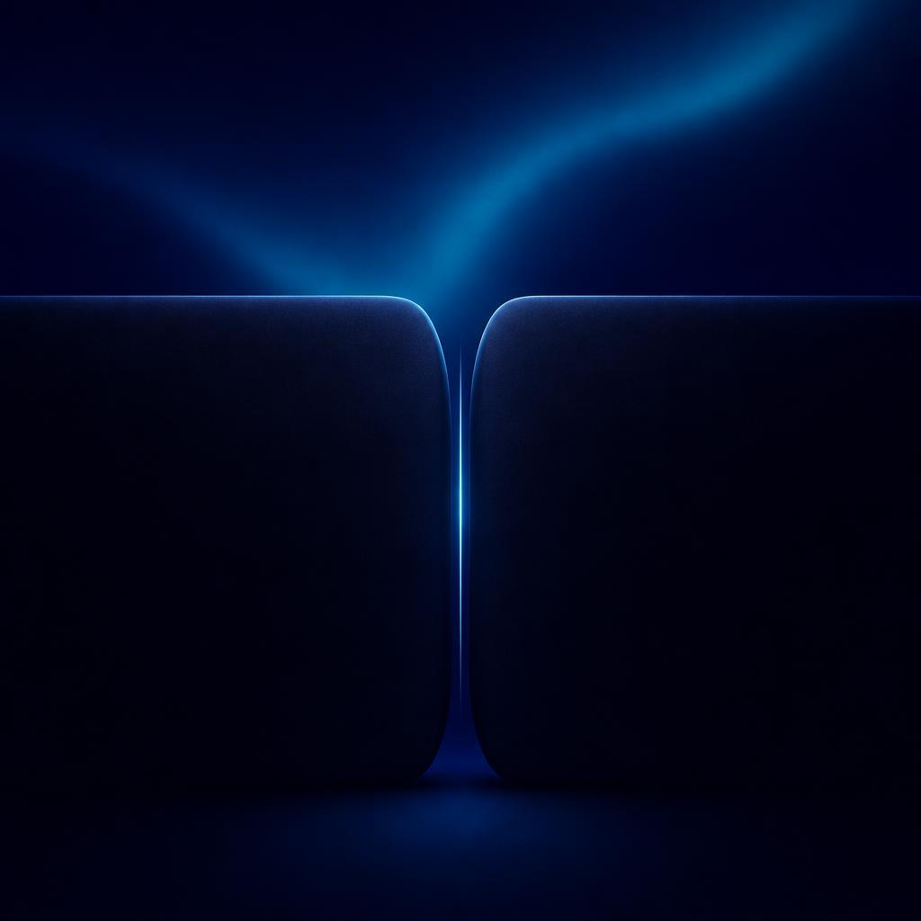 Two dark blocks nearly touching, with a thread of light barely visible in the seam