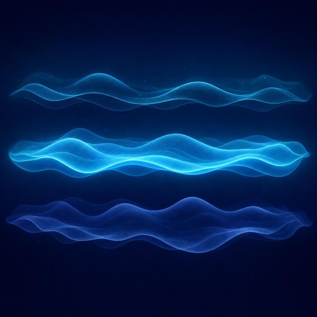 Three parallel translucent sound bands of differing thickness, one glowing far brighter than the other two, in midnight navy and cyan
