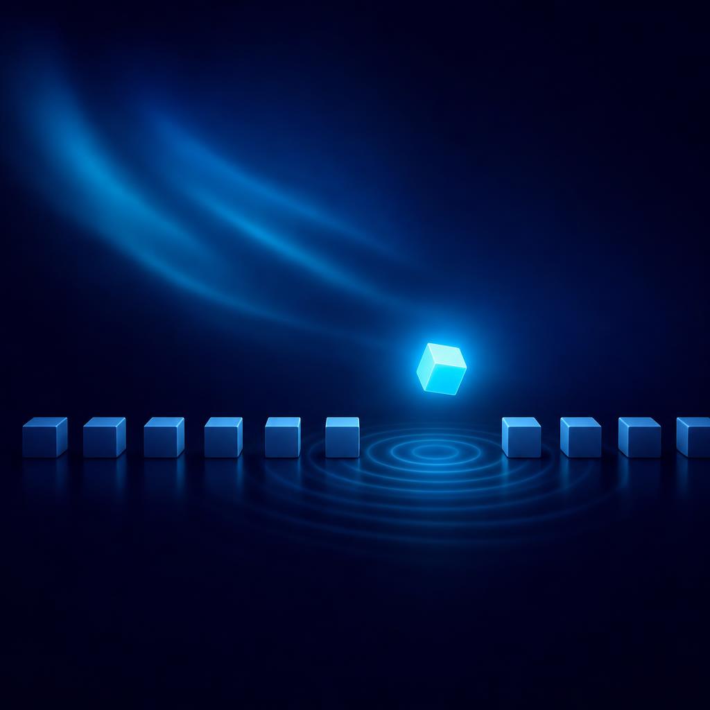 A rhythmic row of geometric blocks with one lifted and glowing out of position, breaking the rhythm and sending out ripples