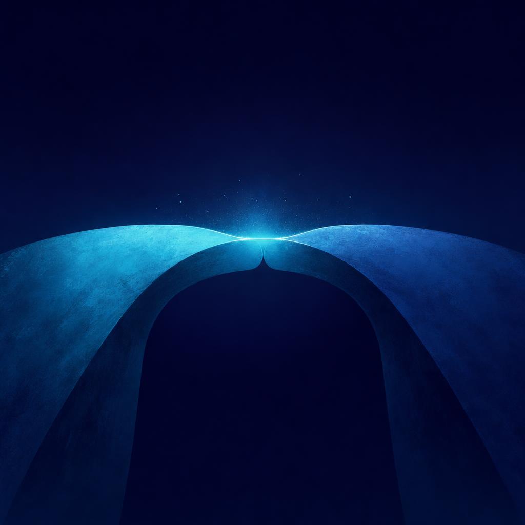 Two symmetrical curved forms leaning toward each other from opposite sides to form a bridge across a gap, a thread of light crossing the join
