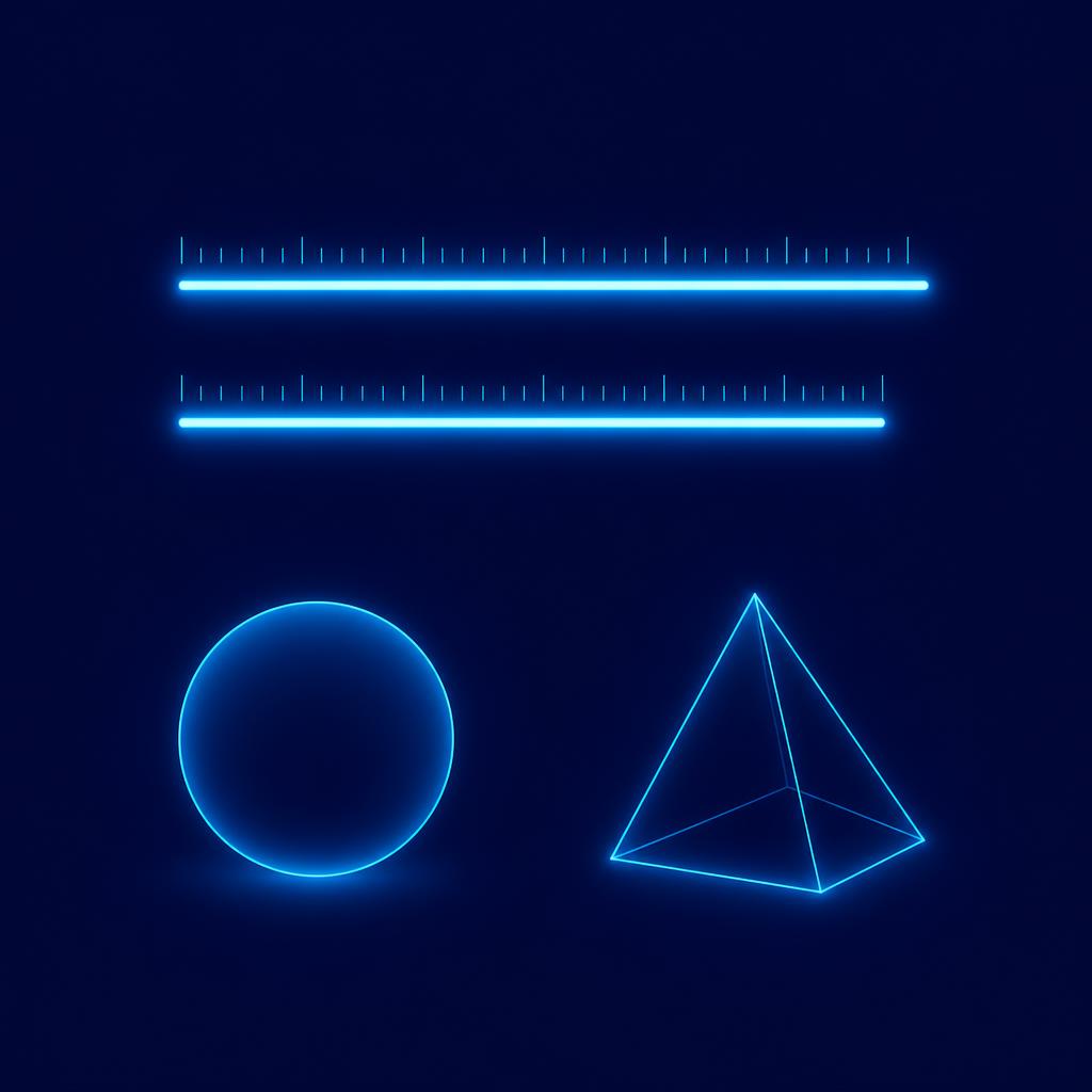 Two nearly identical glowing bars measured by length marks, and below them two clearly different geometric shapes