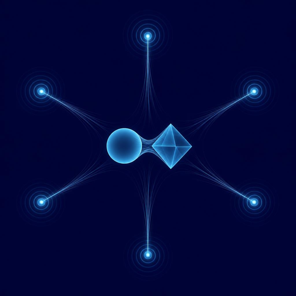 Six ripple emitters ring a pair of twin shapes at the center that is being pulled apart into two distinct forms
